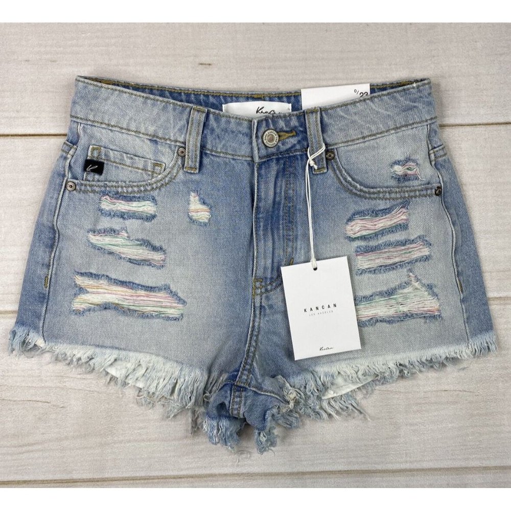 KanCan Shorts Womens Sz 0 23 Light Wash Denim Distressed High Rise worn once